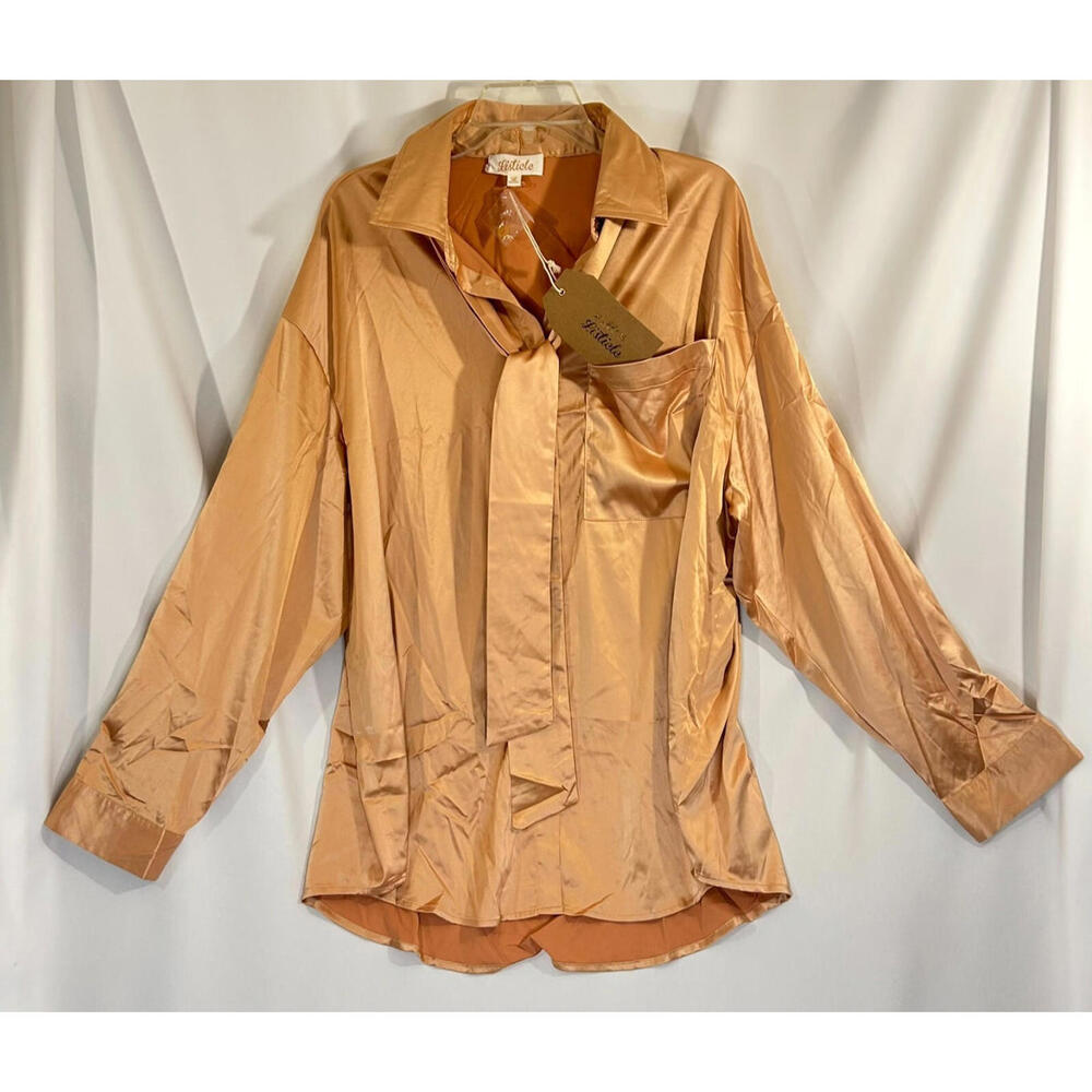 Listicle Gold Blouse Women's Size Large Silky Button Down with Neck Tie - NWT